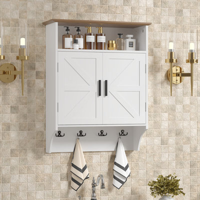 Wall Mounted Cabinet With Hooks And Adjustable Shelf – Farmhouse Entryway Storage For Small Spaces, Bathroom Or Kitchen Organizer