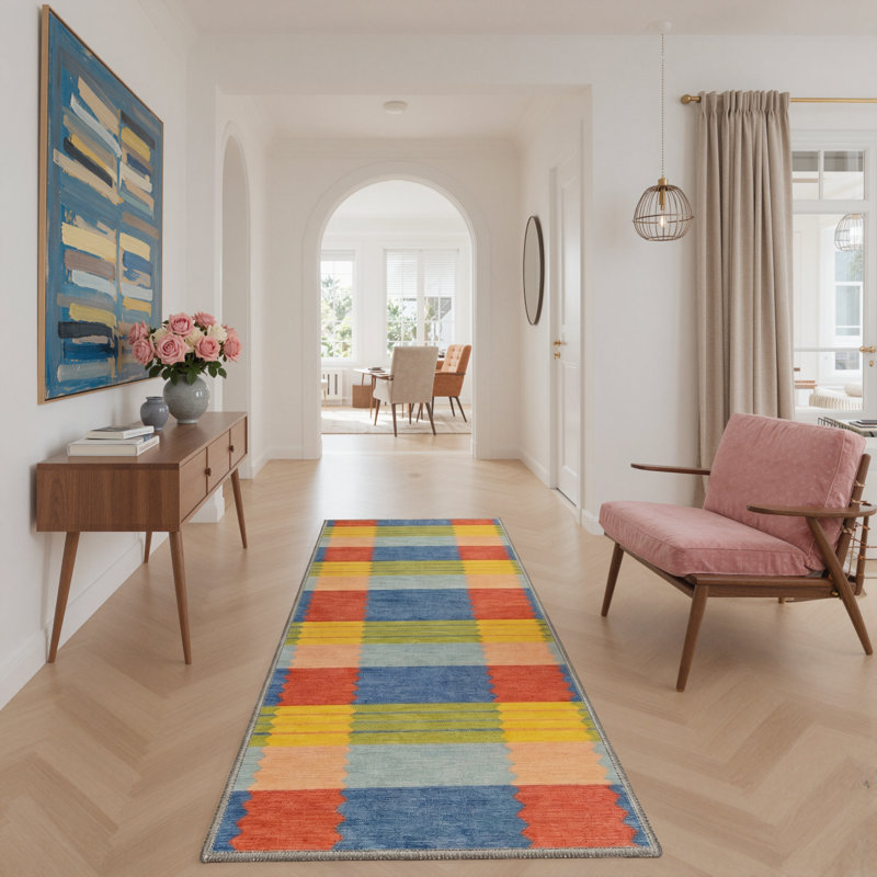 Tapis intérieur bleu / rouge / jaune Liadan Verve lavable à la machine avec envers antidérapant