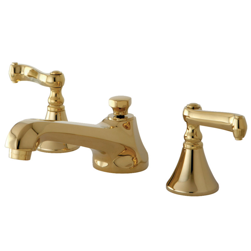 Kingston Brass Two-Handle 3-Hole Deck Mount Widespread Bathroom Faucet with Brass Pop-Up Drain, Polished Brass