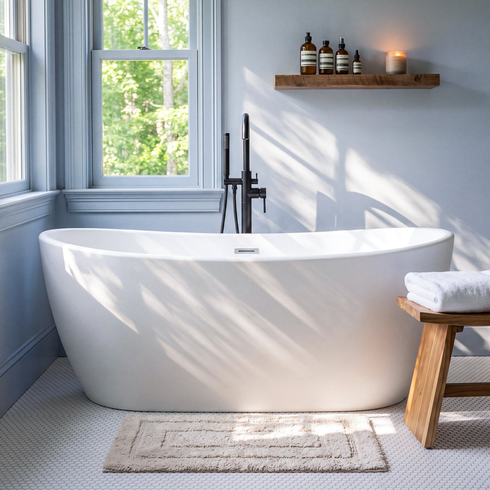 Forma 65'' Freestanding Bathtub Solid Surface Deep Soaking Tubs Double Slippers, White
