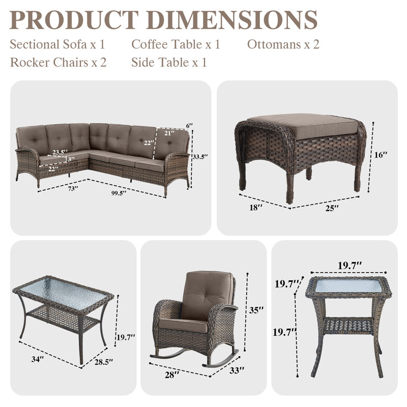 Ensemble de conversation modulaire d'extérieur en osier PE pour 7 personnes Serita Yokota, Gris