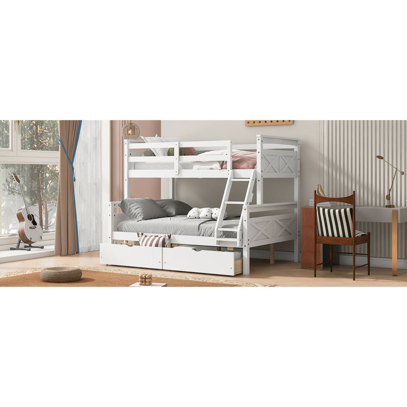 Lit simple superposé au dessus d'un lit double blanc avec 2 rangements sécurisés et stabilité de longévité, Blanc