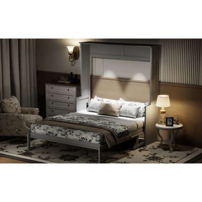 Grand lit avec bureau, lumières à DEL, station de charge - gris, mur peu encombrant pour les petites pièces, design moderne et contreplaqué, éclairage intégré gris facile à assembler, ports, bureau à domicile idéal ou invité