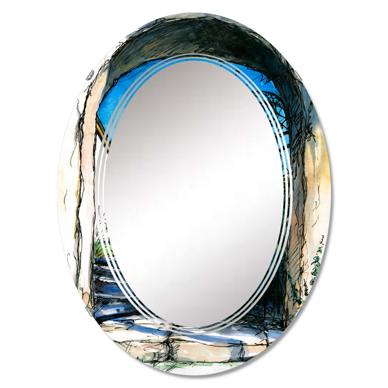 Gate to Churchyard Under Blue Sky - Miroir mural moderne Mid-Century ovale, 36 po x 24 po