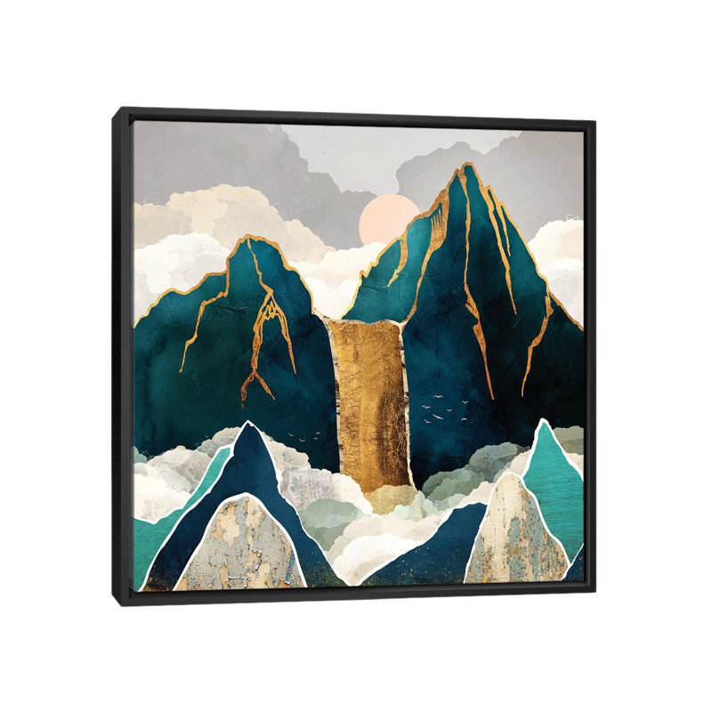 Golden Waterfall - impression d'art graphique, Toile avec cadre noir, Aucun mat, H 18 po x l 18 po x 1,5 po