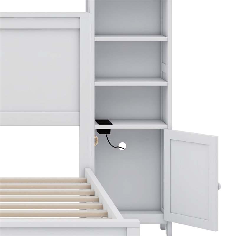 Lit en bois avec armoire tout-en-un, tablette, douilles et lit gigogne, Blanc