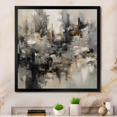 Grey Black Inner Worlds Of Marble I - Abstract Geometric Framed Canvas Print Wall Art