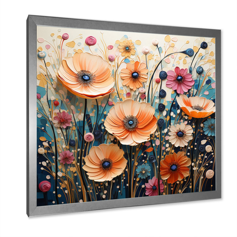 Motif abstrait pointillisme de fleurs sauvages sur toile, H 36 po x l 36 po x P 1,5 po, Cadre simple argenté