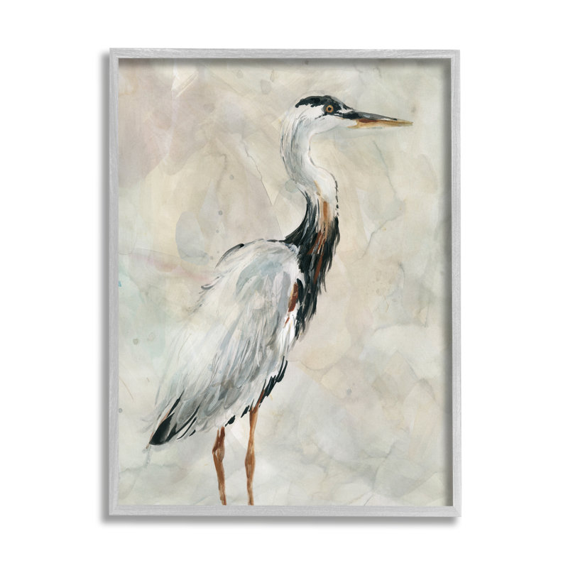 «Ornate Crane Portrait over Soft Neutral» par Carol Robinson - peinture sur toile, H 30 po x l 24 po, Cadre gris