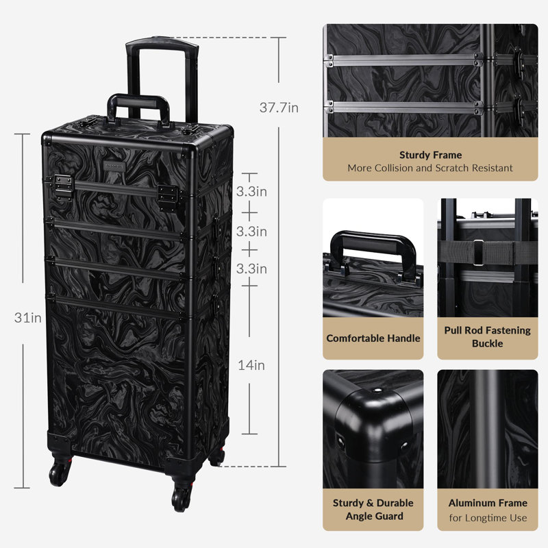 Hokku Designs 4in1 Rolling Makeup Train Case Cosmetic Organizer Wheel, CB Shadows