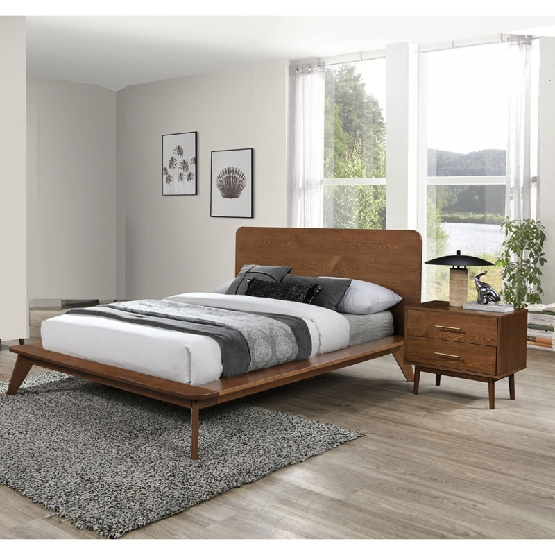 Ensemble de chambre à coucher 3 pièces avec lit plateforme et noyer