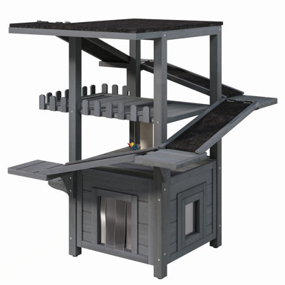 4 Tiers Outdoor Cat House Weatherproof Cat Tree Tower with Waterproof Roof and 2 Doors , Feral Cat Shelter Outside Enclosure, Multi-Level Play Zones with Balcony, for Small Animals