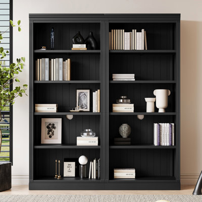 Bibliothèque de 85,71 po de hauteur, DEL, tablettes réglables, bois massif, noir pour rangement de bureau à domicile