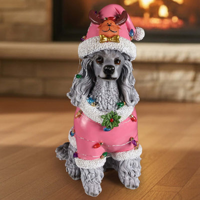 Festive Holiday Poodle Statue for Charming Seasonal Home Display(Battery Included)