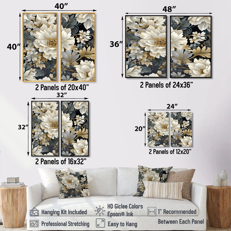 Flower Elegance Neutral Grey  - Cottage, Traditional Wall Decor, Black, 36" H x 48" W, Framed Print without Mat