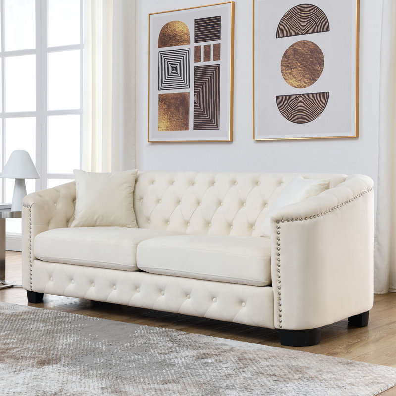 Canapé Hafid, Velours beige, H 30 po x l 77 po x P 31,5 po