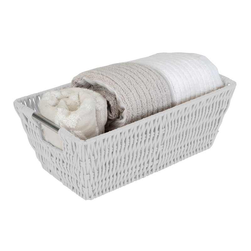 White Rectangular Rattan Storage Basket with Stainless Steel Handles