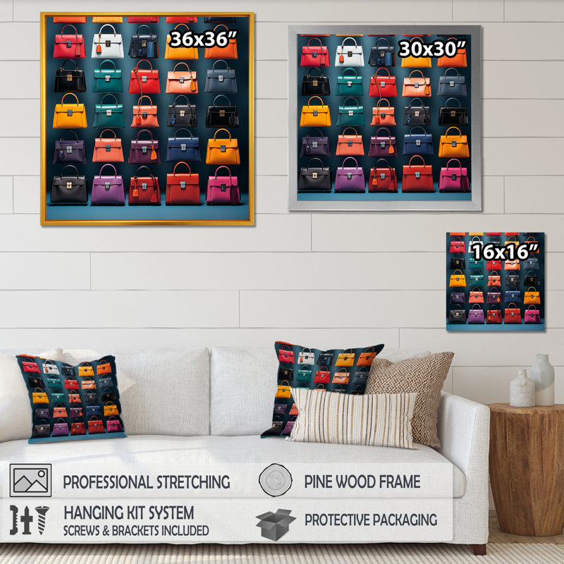 Motif coloré de sacs à main II - art mural, H 36 po x l 36 po x P 1,5 po, Toile tendue