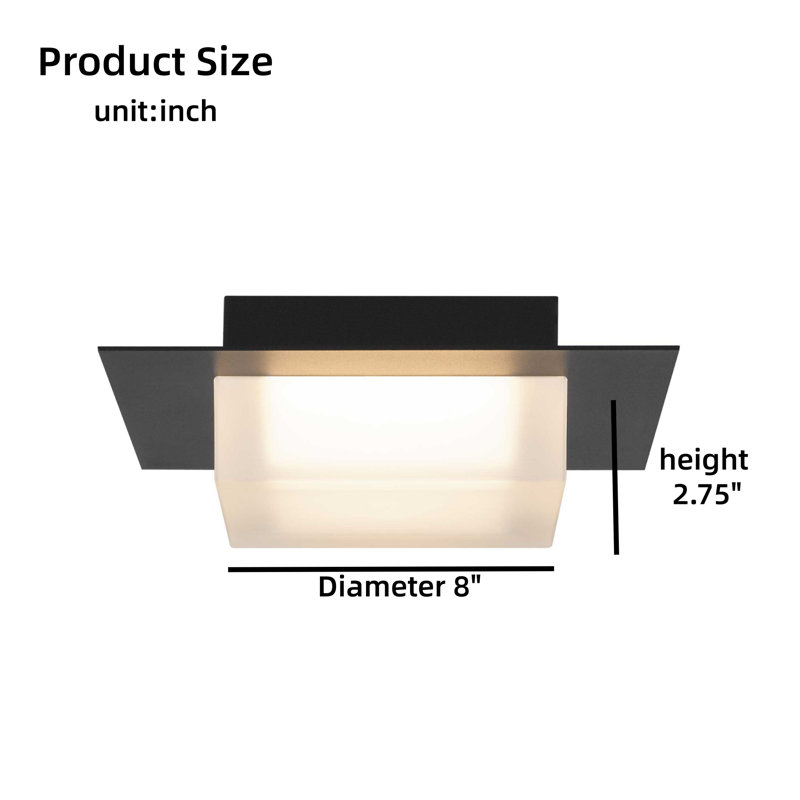 Square Chrome-Plated Integrated LED Recessed Ceiling Light, Three-Color Light, 15 W, Black, 5" H x 8" W x 8" D