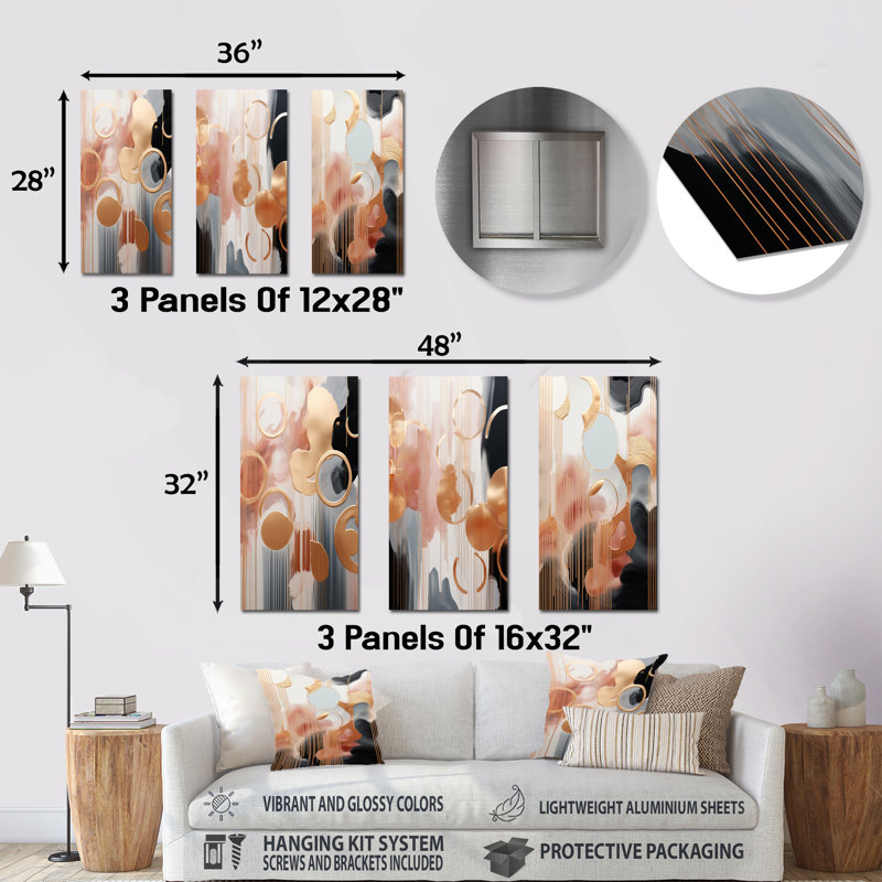 Gold And White Abstract Shapes Harmony I - Abstract Shapes Metal Prints Set Of 3, 28" H x 36" W