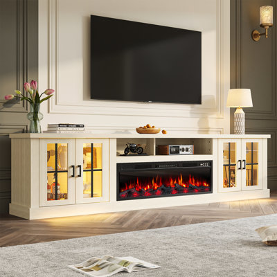 Meuble télé avec foyer intégré de 218 cm (86 po) pour téléviseurs jusqu'à 254 cm (100 po), centre multimédia avec foyer électrique de 91 cm (36 po), éclairage DEL 12 couleurs, portes vitrées, étagères réglables et système de gestion des câbles.