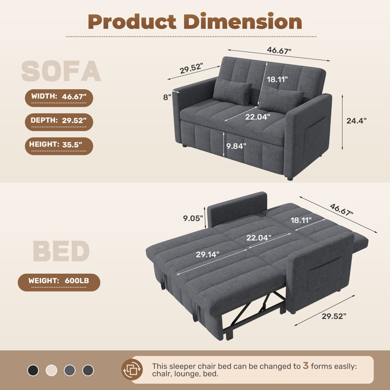 Sleeper Sofa Bed, 3-in-1 Convertible Pull Out Couch With Adjustable Backrest For Living Room, Loveseat Sofa Bed With Side Pockets, Easy Assembly, 1 Pcs