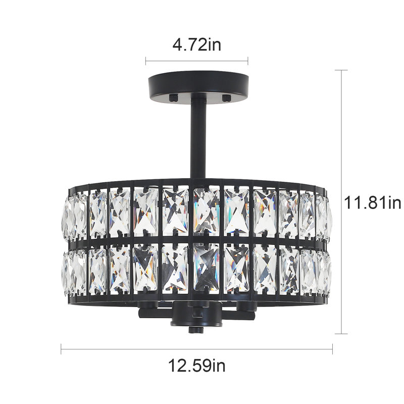 3-Light Crystal Ceiling Light Fixture Semi Flush Mount Chandelier with Drum Shade, Black