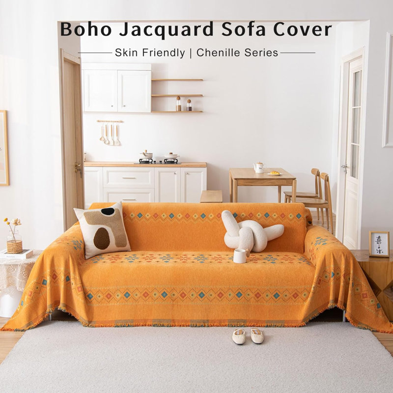 Housse de canapé orange en jacquard géométrique pour canapés pour chien, H 1 po x l 134 po x P 71 po, Jacquard orange