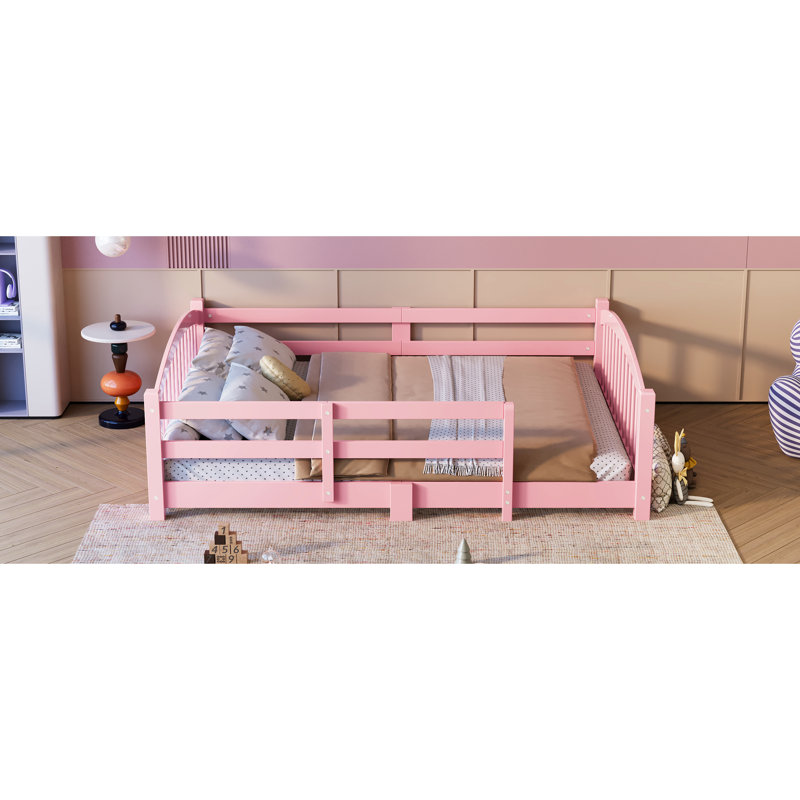 Lit à plancher double en bois massif rose, avec garde-corps et lattes, pour une bonne nuit de sommeil - taille fabriquée en bois, assemblage simple