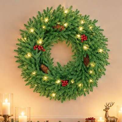 Couronne de Noël d'hiver 24 po pour porte d'entrée avec lumières chaudes