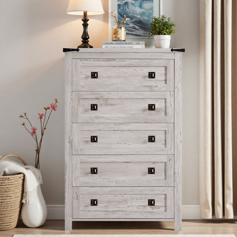 Commode en bois Farmhouse - 5 tiroirs, rangement polyvalent, Blanc antique