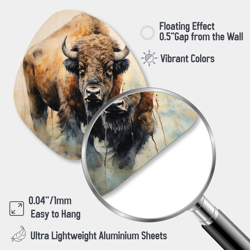 Buffalo Majesty - art mural asymétrique en forme de nébuleuse Buffalo / Bison, H 28 po x l 25 po x P 1 po