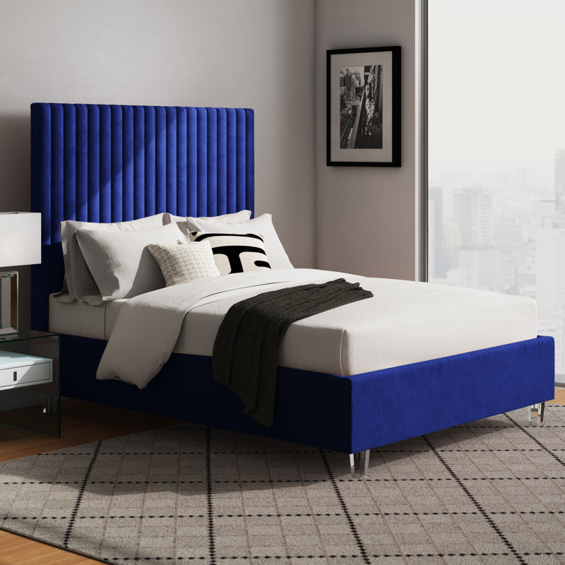 Upholstered Platform Bed, Queen, Navy Velvet