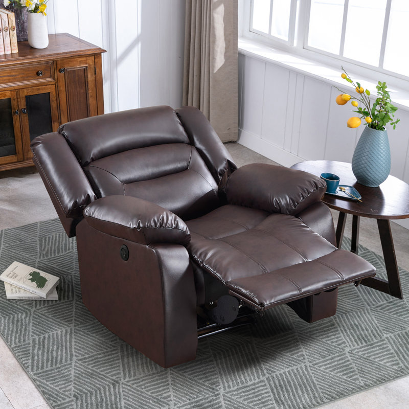 Brenaya 37" Wide Modern and Overstuffed Soft Breathable Faux Leather Power Standard Recliner with USB Port