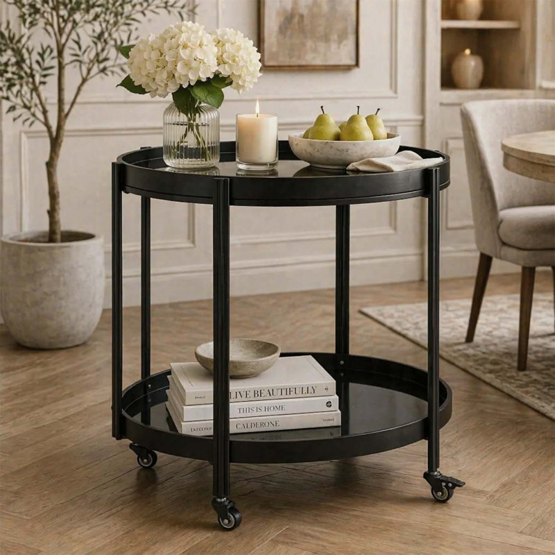 Table d'appoint ovale avec 2 tablettes, durable et élégante pour le divertissement à domicile, Noir