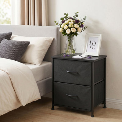 Ensemble de chambre 3 pièces, commode et 2 tables de chevet avec plateau en bois et tiroirs en tissu, gris