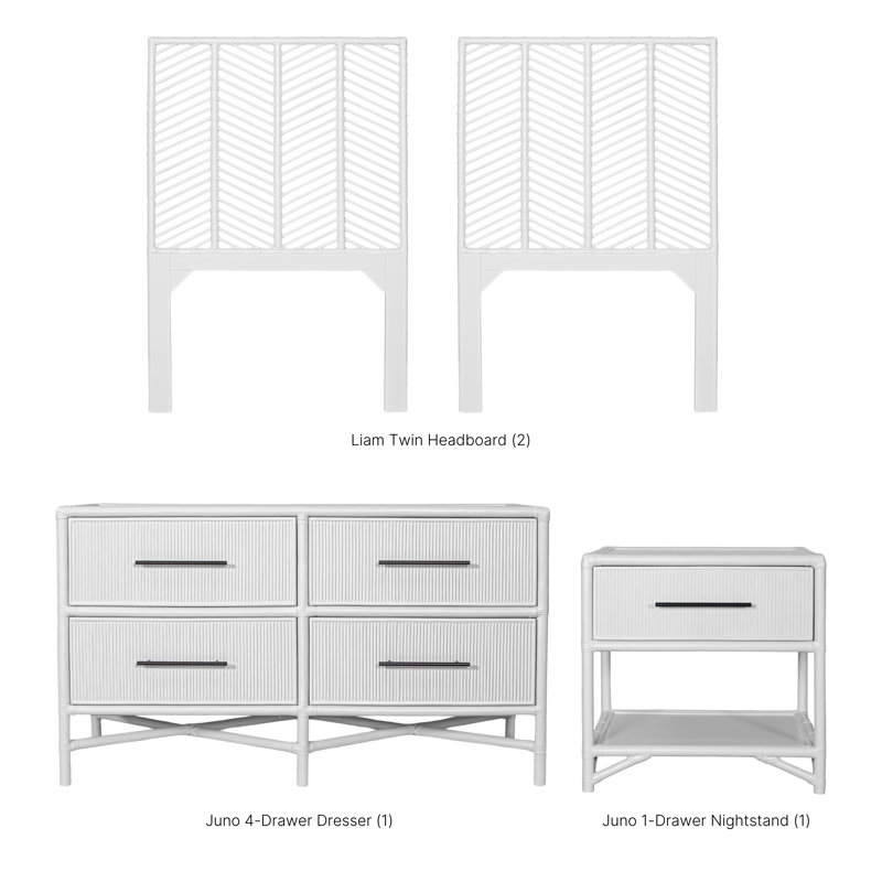 Liam; Juno Rattan 4 - Piece Bedroom Set, 4 Pcs: Dresser, 2 Headboards, Nightstand, Twin, White