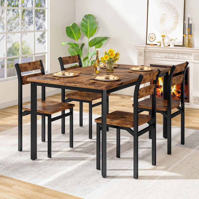 5-Piece Kitchen Table Chairs Set, Dining Table Set For 4, Rectangle Dining Room Table Set With Four Chairs And Wooden Table Top, Dining Table Set With Backrest For Small Spaces, Dining Or Living Room