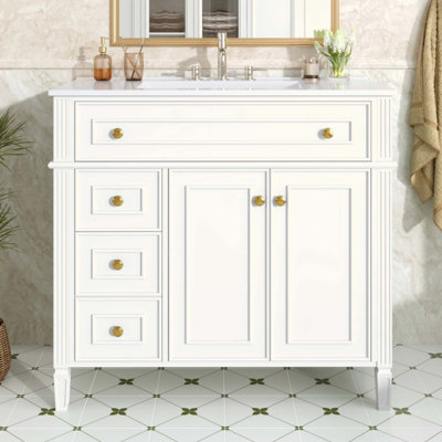 Bathroom Vanity With Sink, Solid Wood Cabinet With Flip-Out Drawer, 3 Drawers And 2 Soft-Close Doors, Gold Handles & Modern Design