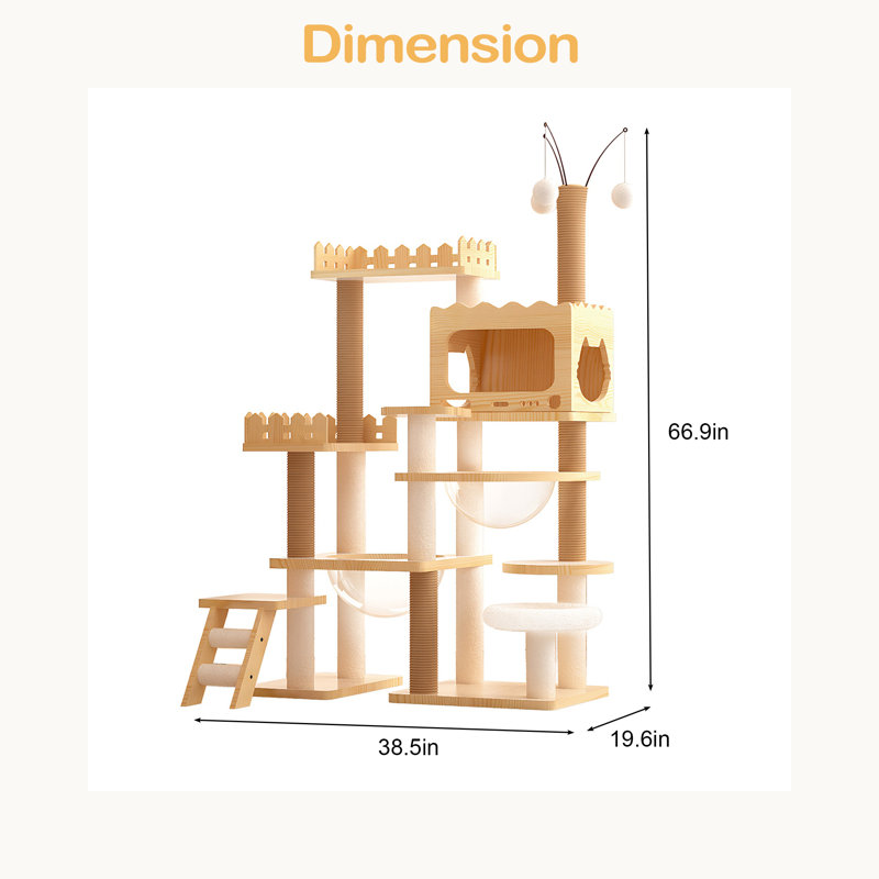 Tour à chat moderne de 66,9 po, tour d'arbre à chat en bois pour chats d'intérieur, arbre à chat avec poteaux à griffes recouverts de sisal et perchoir supérieur, condo pour chat avec hamac en acrylique