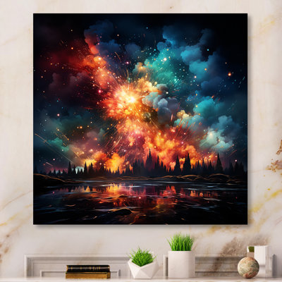 Feux d'artifice colorés au-dessus de la ville la nuit III - Art mural en métal