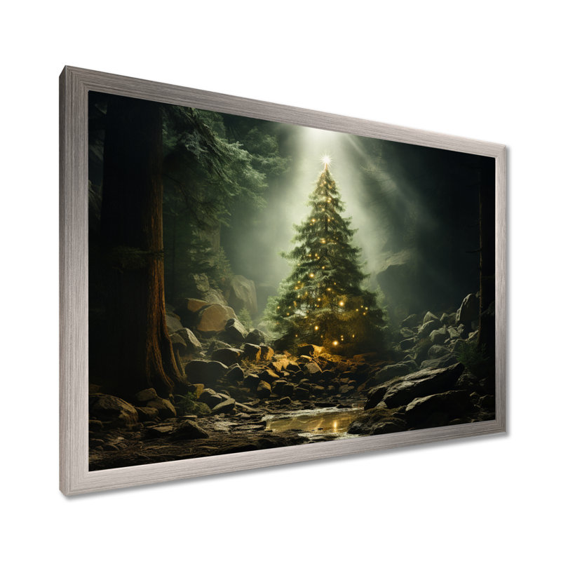 Arbre de Noël vert magique - décoration murale paysage d'hiver, Cadre de coin argenté fermé, H 34 po x l 44 po x P 1,5 po