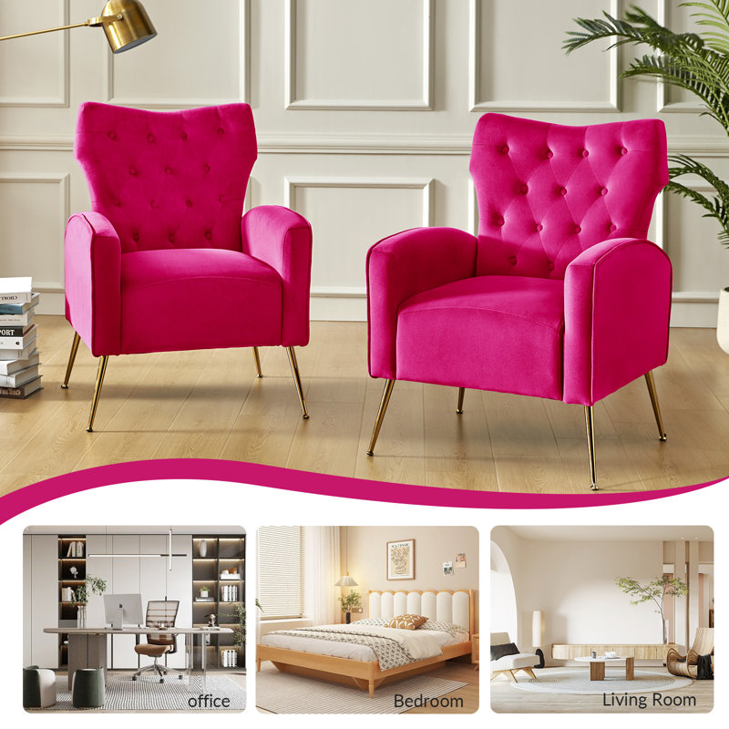 Fauteuil à oreilles en velours de polyester Tonas, Velours fushia