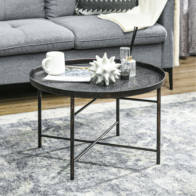 Table basse ronde de 24 po avec plateau martelé, table centrale en métal rétro pour le salon, la chambre à coucher, la table d'appoint et l'étain
