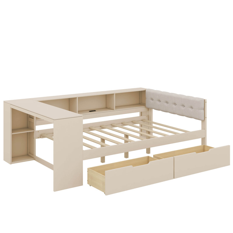 Lit plateforme avec tiroirs, tablettes de rangement, station de charge et tête de lit tapissier, Crème, crème, Lit double