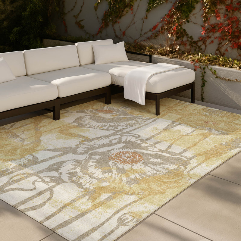 Machine Washable Indoor/Outdoor Chantille ACN2894 Floral Rug, Wheat, 10' x 14'