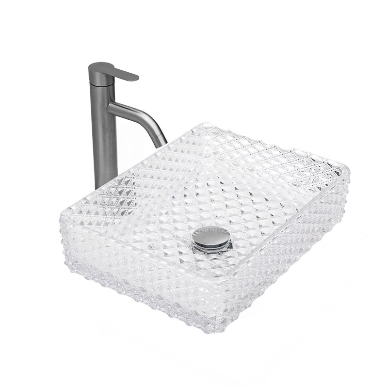 Bathroom Vessel Sink Above Counter White Bowl Sink Rectangle For Bathroom, Diamond Texture Design, Tempered Glass Vessel Sink With Pop-Up Drain (No Faucet)(Includes Only The Bathroom Sink)