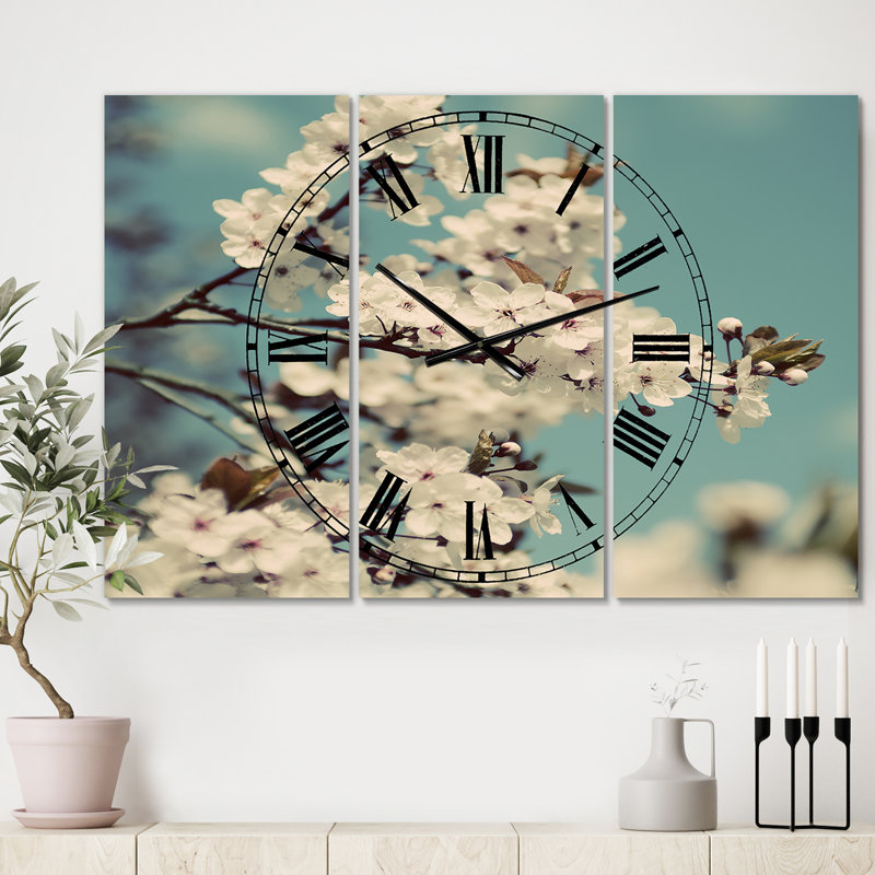 White Spring Blossom - Oversized Cottage 3 Panels Wall Clock