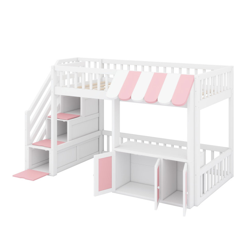 Lit mezzanine avec design cabane de jeu, marches de rangement, éclairage DEL et placards sous le lit, Lit simple