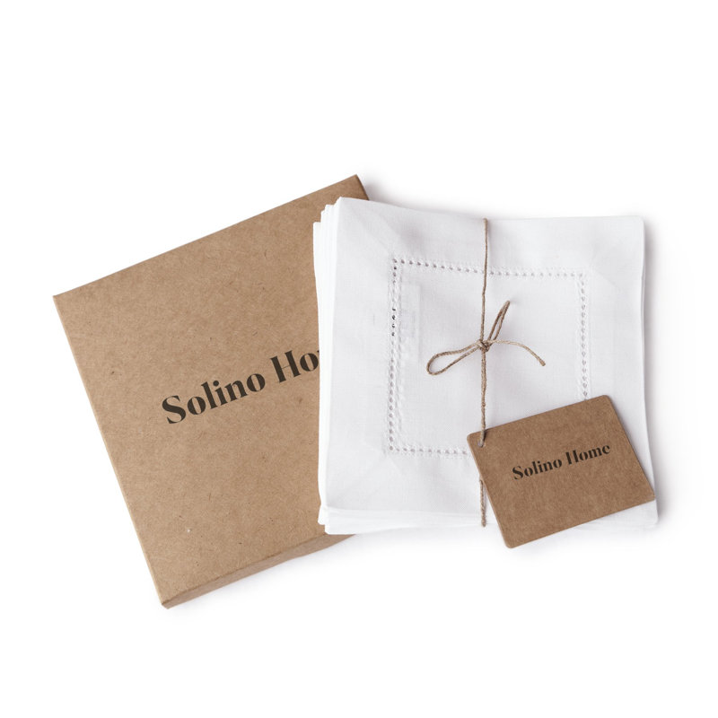 Cotton Linen Hemstitch Cocktail Napkins, White